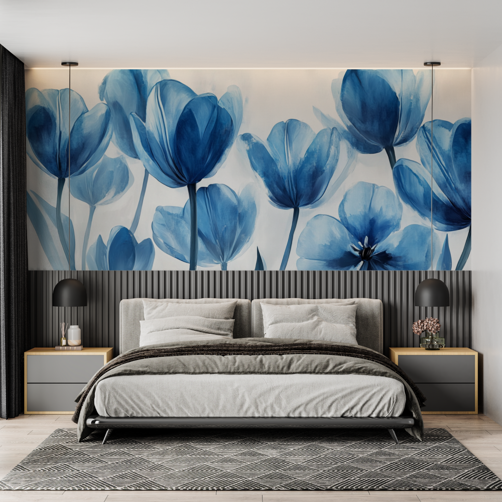 Papier peint tulipes bleues chambre adulte