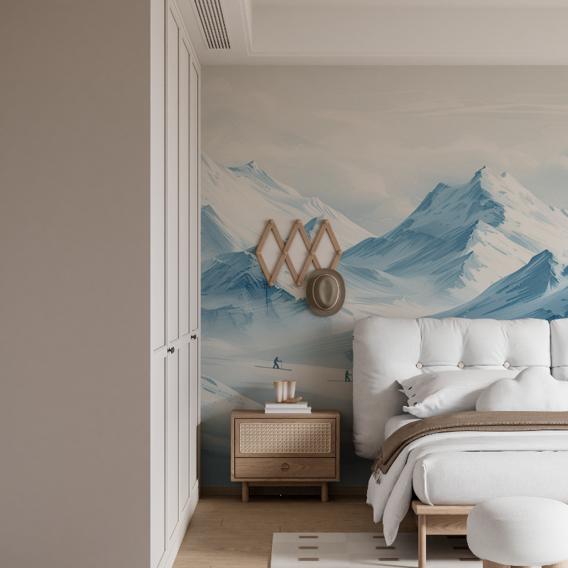 Papier peint montagne skieurs bleu mural