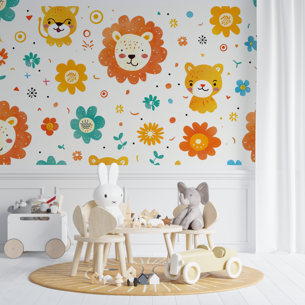 Papier peint lion et fleurs delicates chambre de bebe
