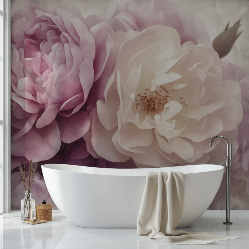 Papier peint grosses fleurs vintage sdb