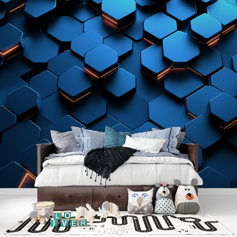 Papier peint gamer hexagones bleu fonce tapisserie pour ado