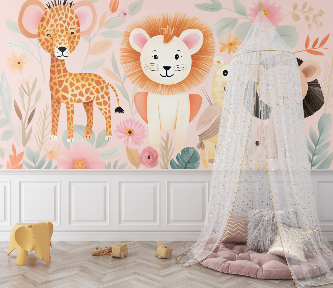 Papier peint lion tropicale rose bebe