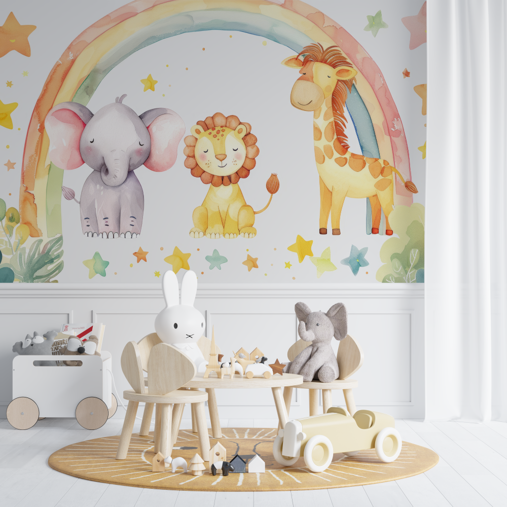 Papier peint lion et arcs en ciel pastel chambre de bebe