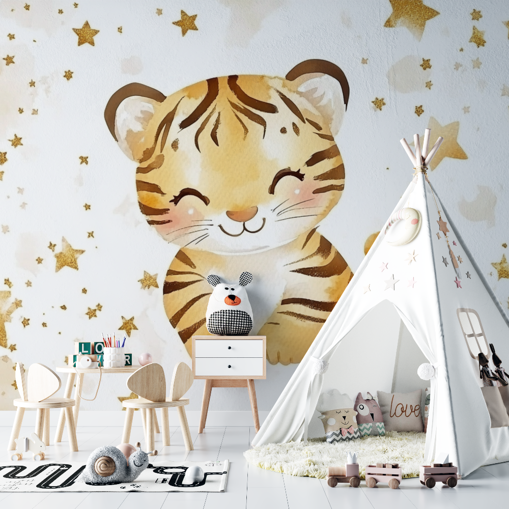 Papier peint tigre et etoiles dorees chambre bebe