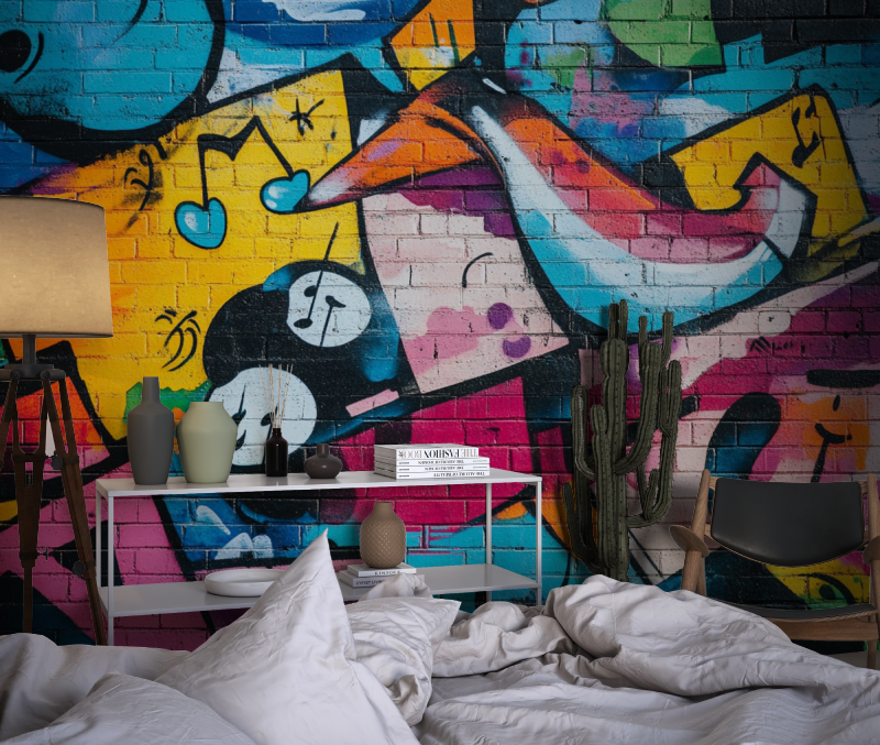 Papier peint brique et tag music chambre dado1