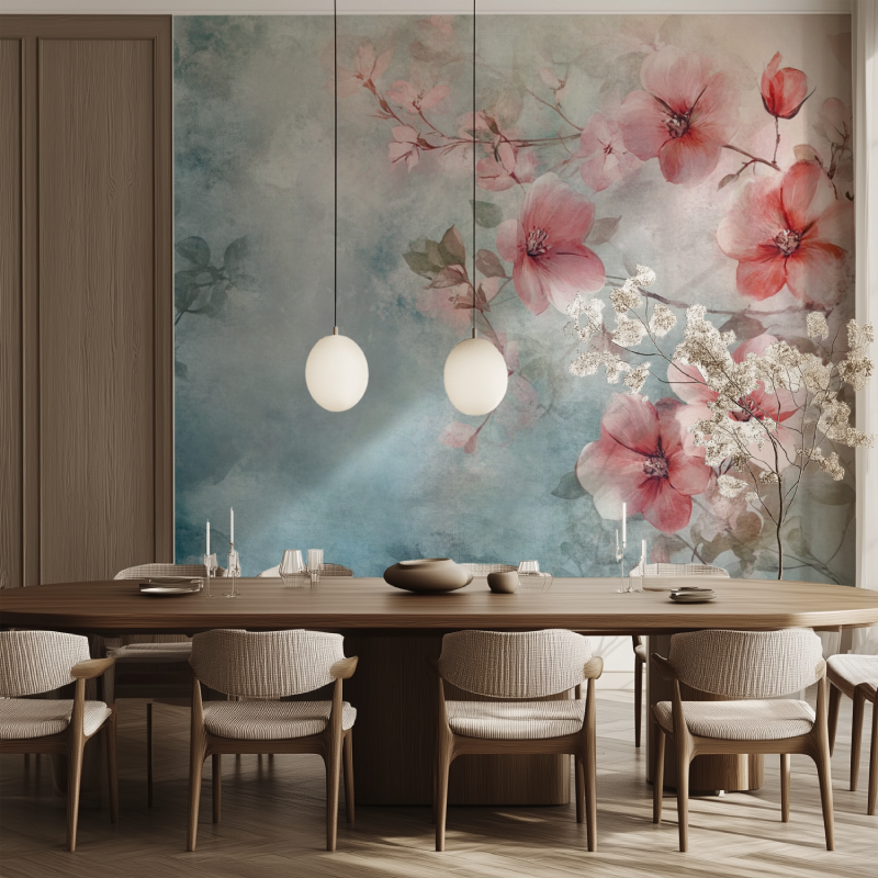 Papier peint fleur graphisme salle manger tendance