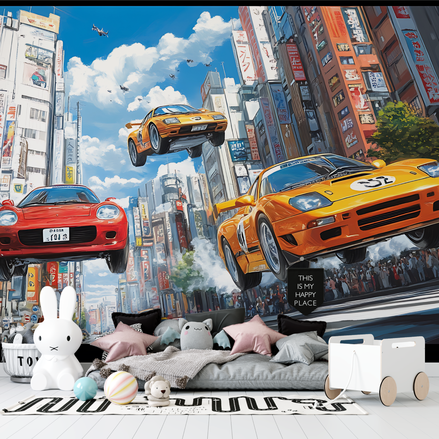 Papier peint voiture jaune tapisserie garcon