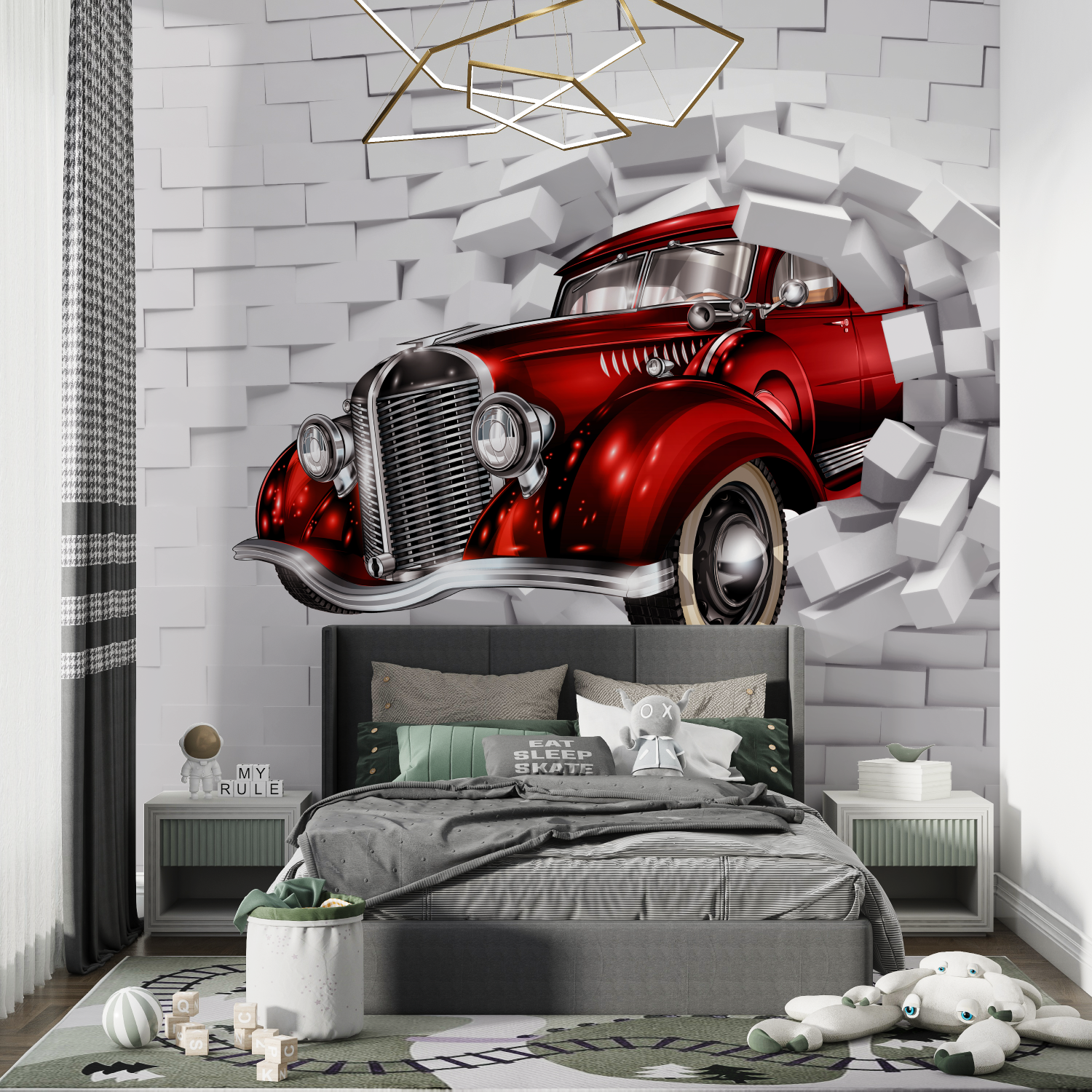 Papier peint garcon voiture trompe loeil chambre de garcon