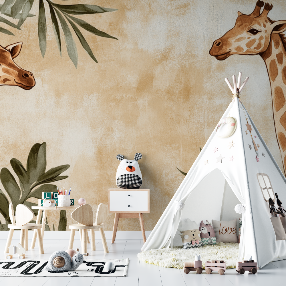 Papier peint girafe et jungle sepia chambre bebe