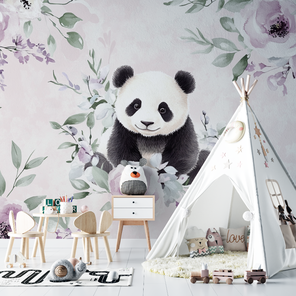 Papier peint panda et fleurs delicates chambre bebe