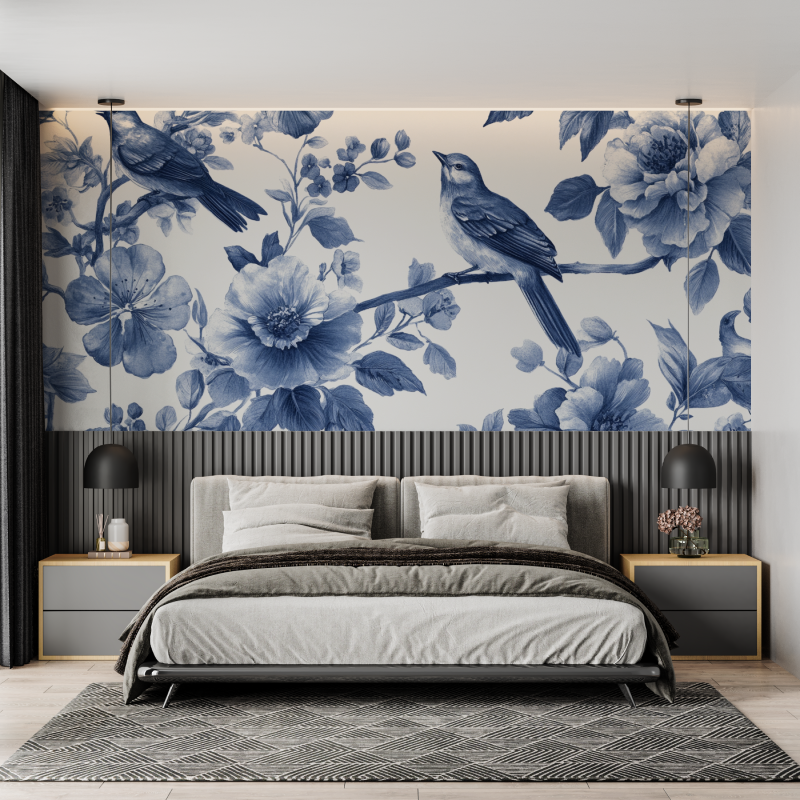 Papier peint aquarelle jardin bleu harmonieux mural adulte