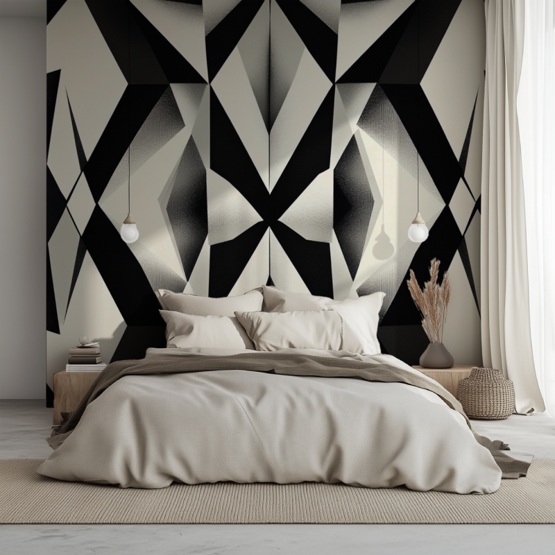 Papier peint vintage noir et gris formes geo lit 1234