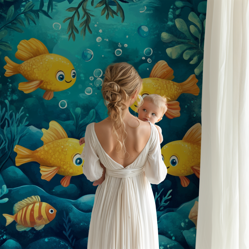 Papier peint marin theme sous marin jaune et bleu bb123