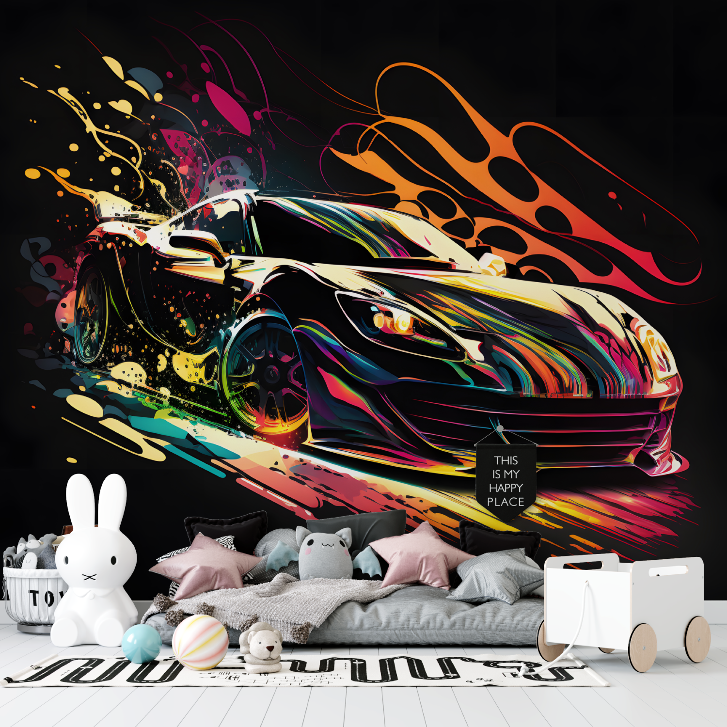 Papier peint voiture noir et graffiti tapisserie garcon