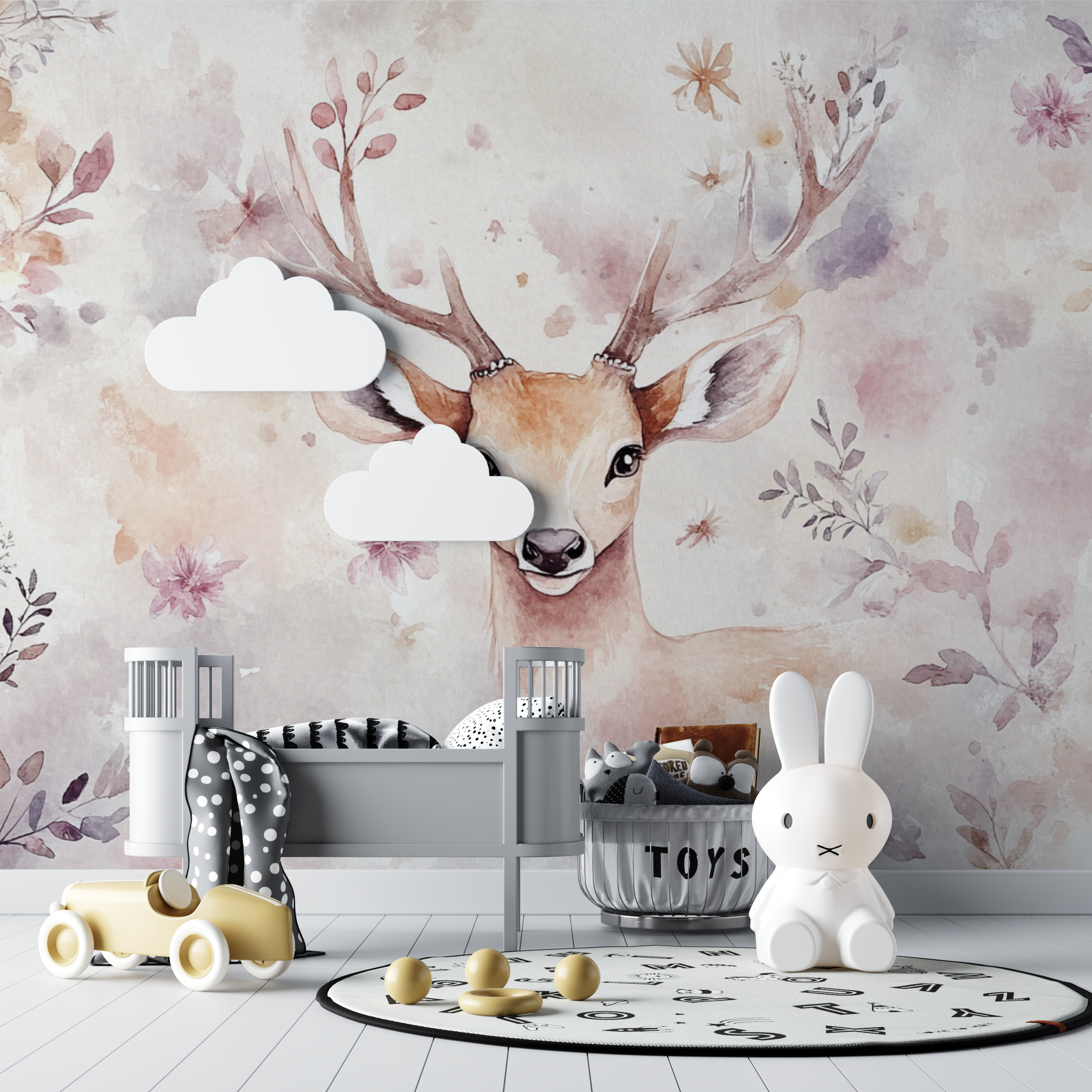 Papier peint animaux cerf couronne petites fleurs bebe tipi