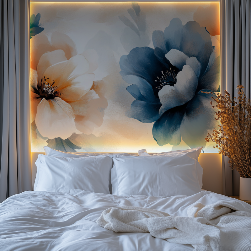 Papier peint fleur bleu blanc marron beige chambre premium