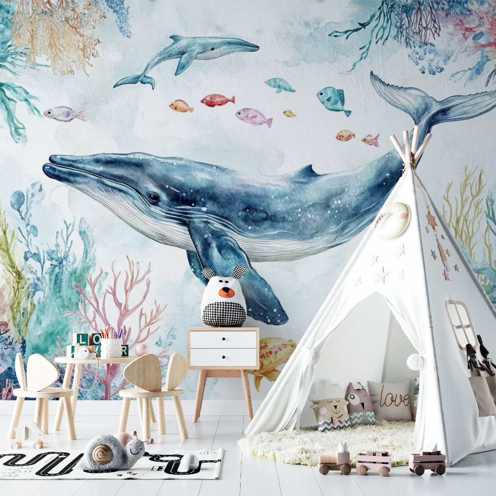 Papier peint marin baleine et fond de mer chambre bebe
