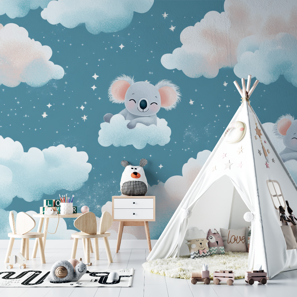 Papier peint koala flottant dans le ciel chambre bebe