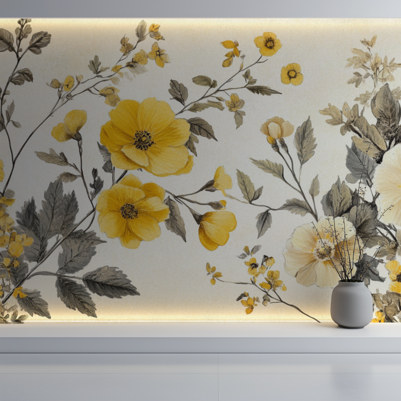 Papier peint vintage jaune fleur mur blanc