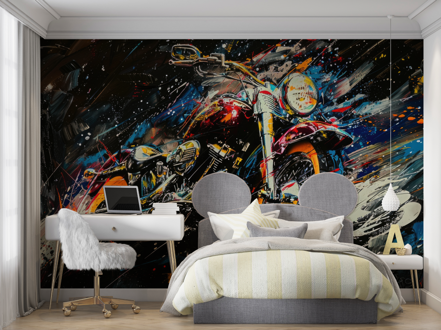 Papier peint moto casque dore dessin mur chambre panoramique