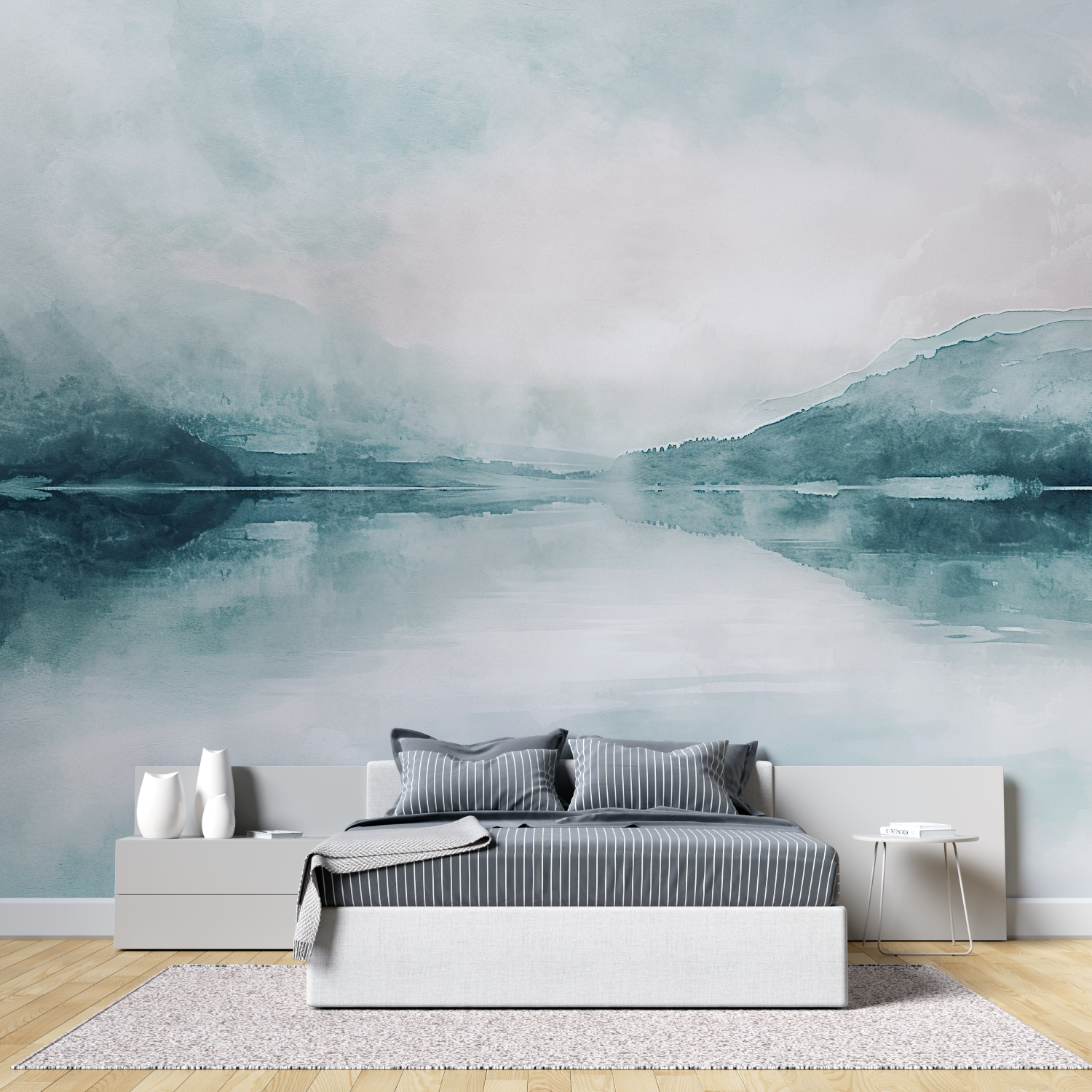 Papier peint aquarelle lac brumeux tete de lit