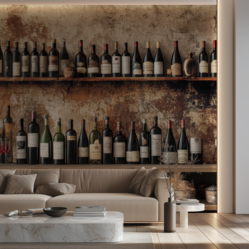 Papier peint trompe loeil cave a vin canape neon