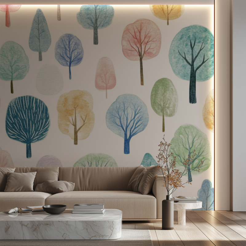 Papier peint arbre enfant canape neon