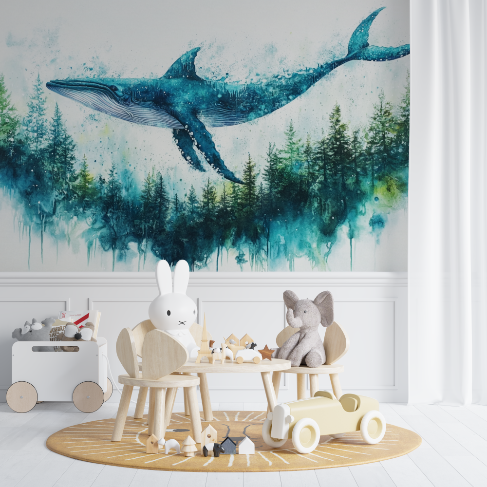 Papier peint baleine et foret chambre de bebe