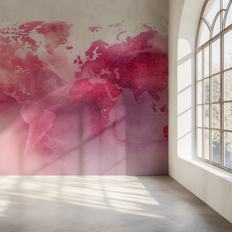 Papier peint carte du monde rose mur simple