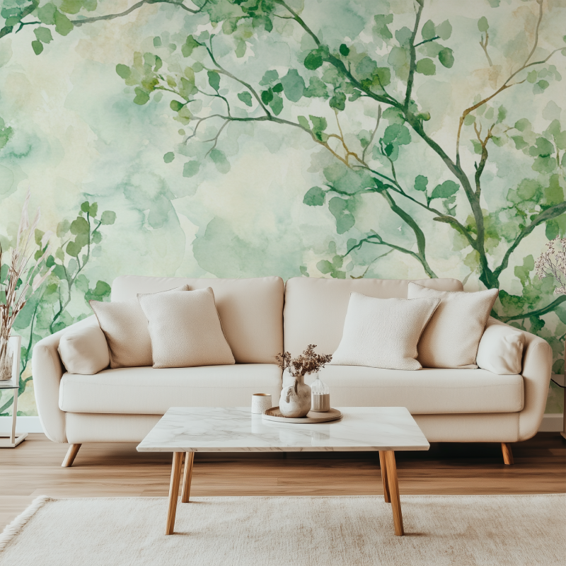Papier peint arbre feuillu canape simple