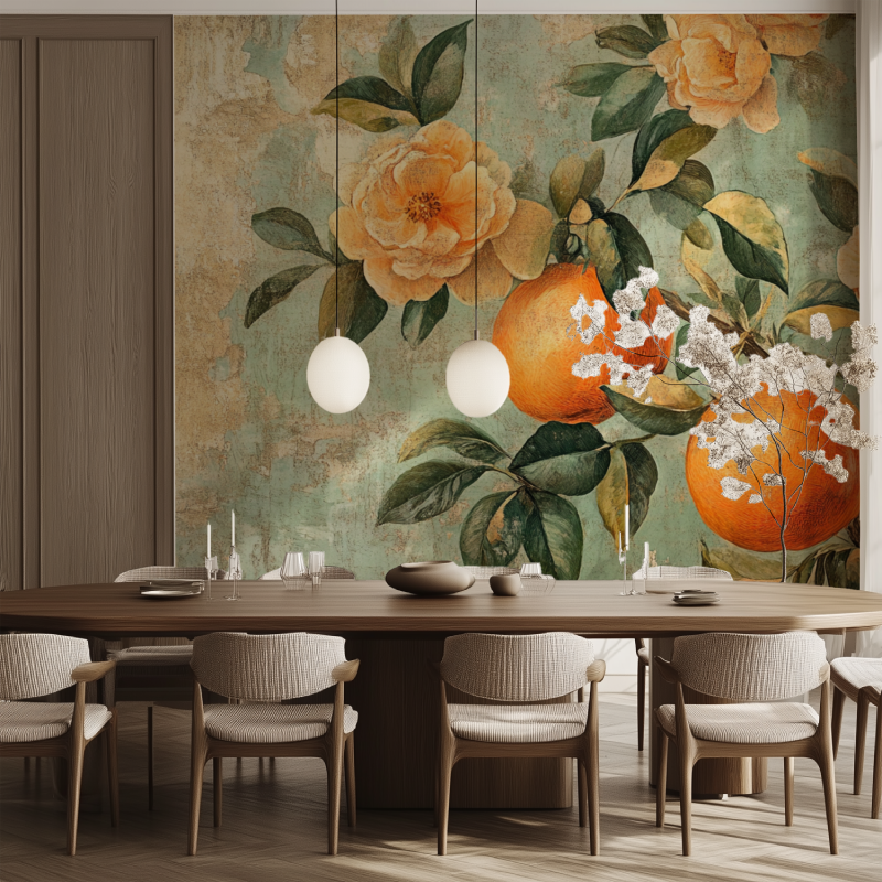 Papier peint vintage fleurs oranges salle manger tendance
