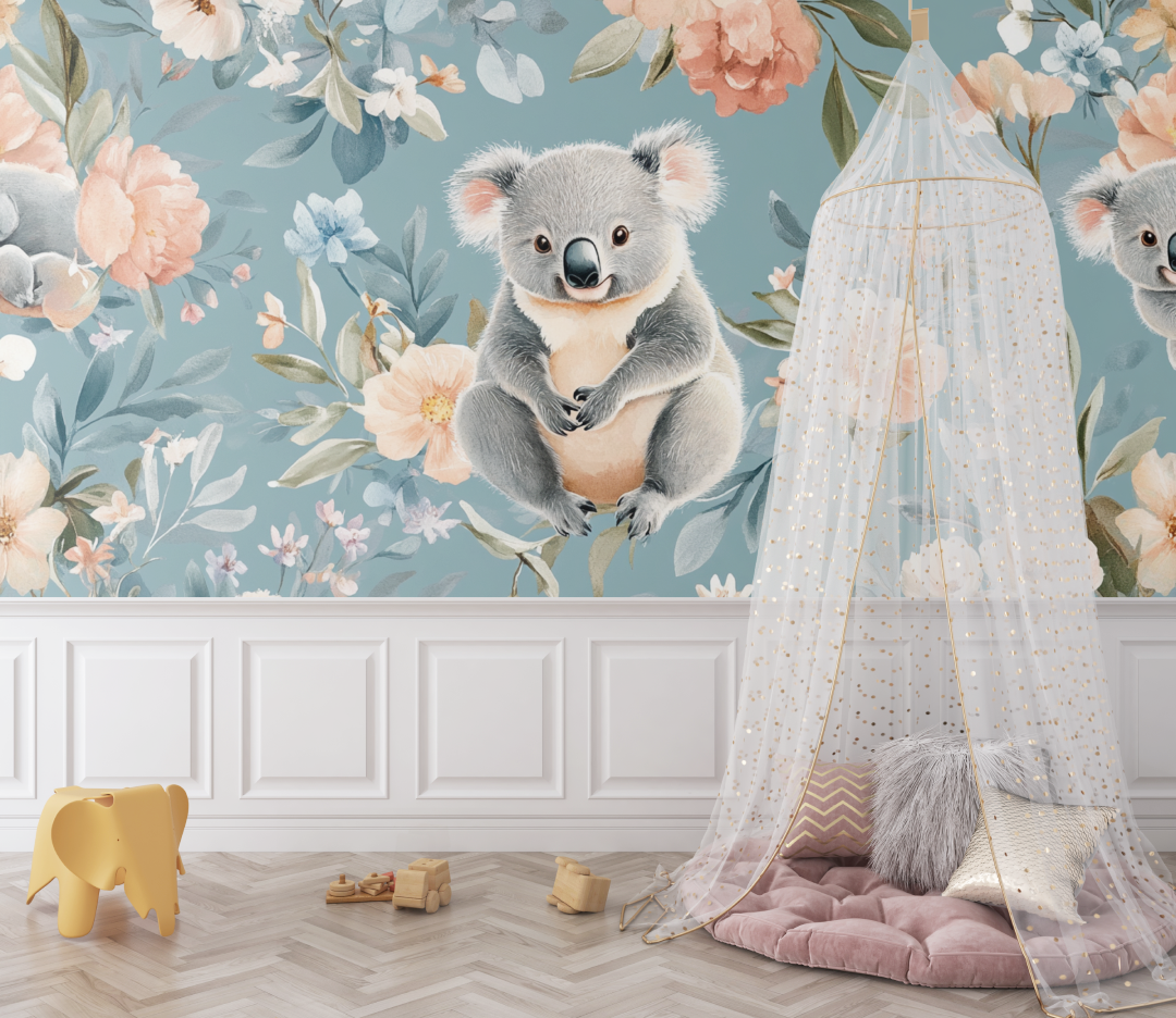 Papier peint koala et tapis de fleurs bebe
