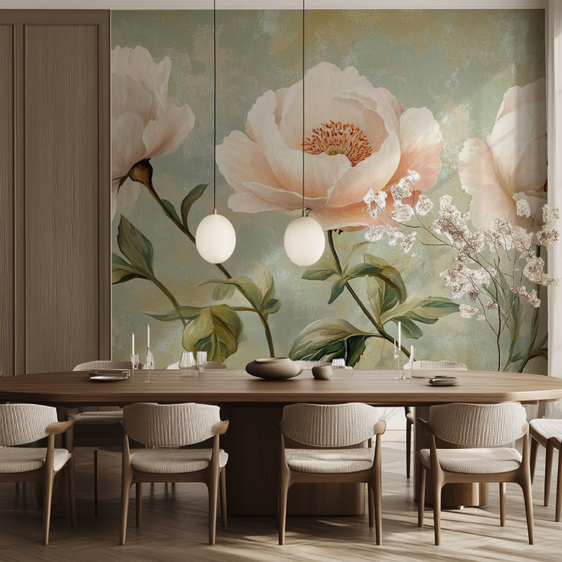 Papier peint fleuri vintage camelia salle manger tendance