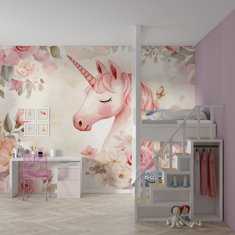 Papier peint licorne rose fleurs roses mur chambre fille