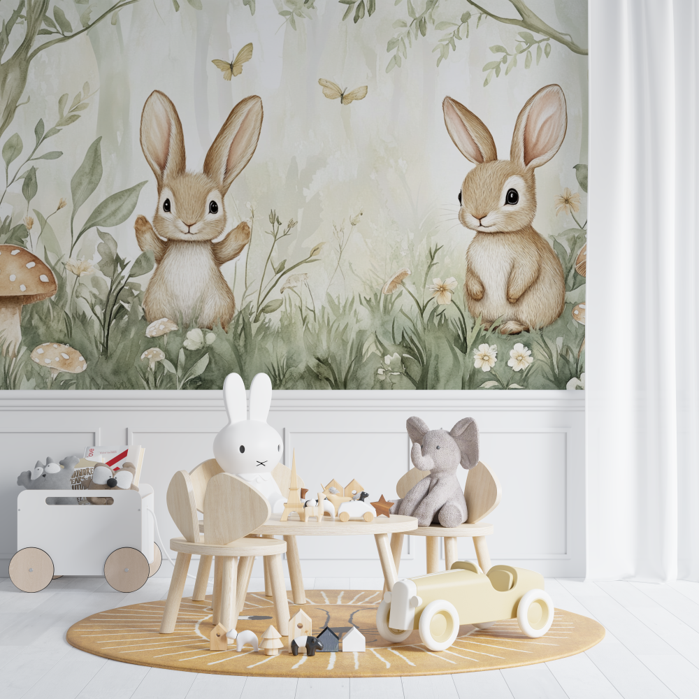 Papier peint lapin et foret enchantee chambre de bebe