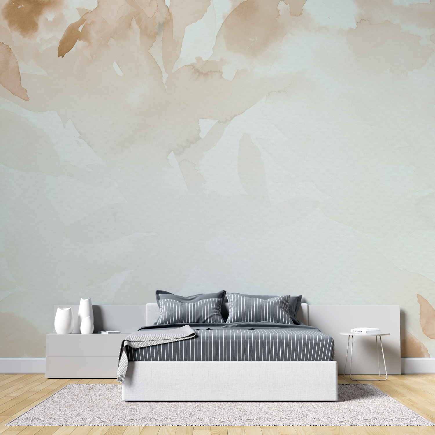 Papier peint aquarelle feuilles beiges tete de lit