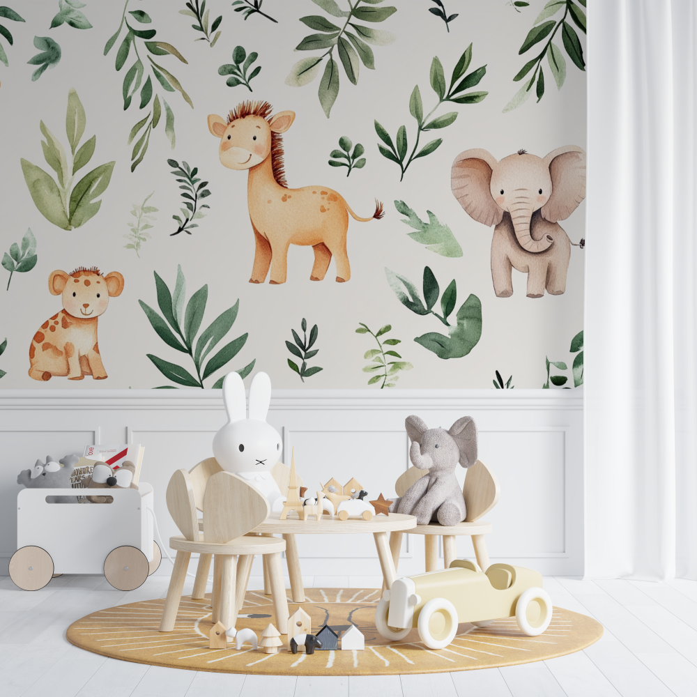 Papier peint safari girafe et elephan chambre de bebe