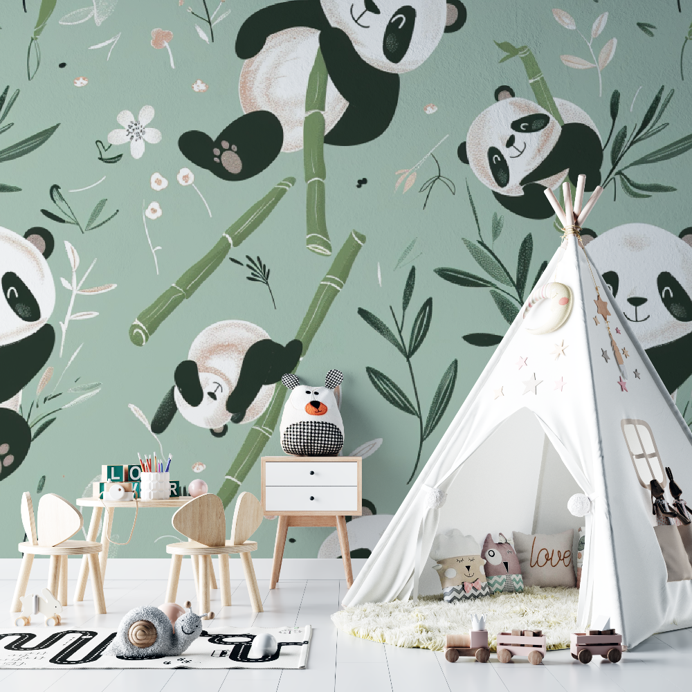 Papier peint Pandas vert bébé - chambre de bebe