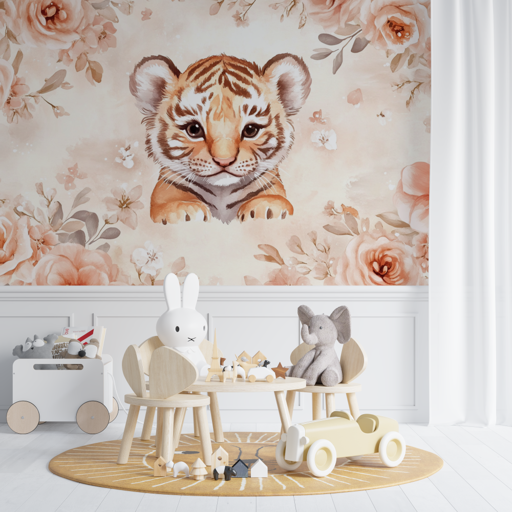 Papier peint tigre floral chambre de bebe