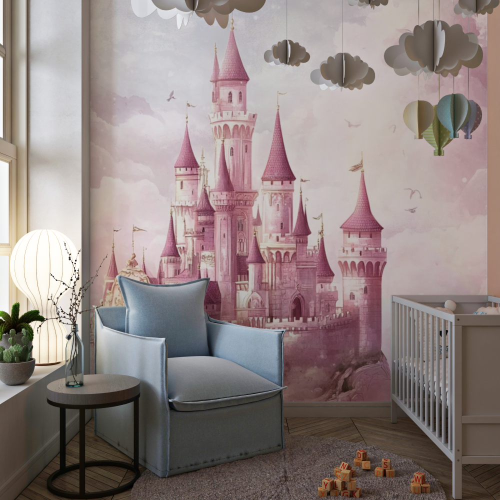 Papier peint princesse chateau rose chambre de fille
