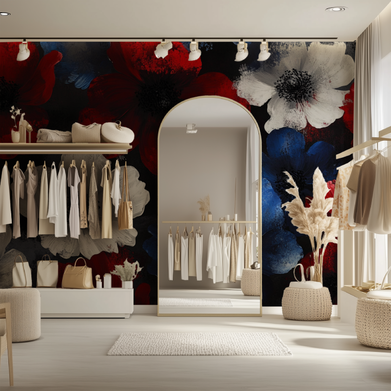 Papier peint fleur fond noir dressing