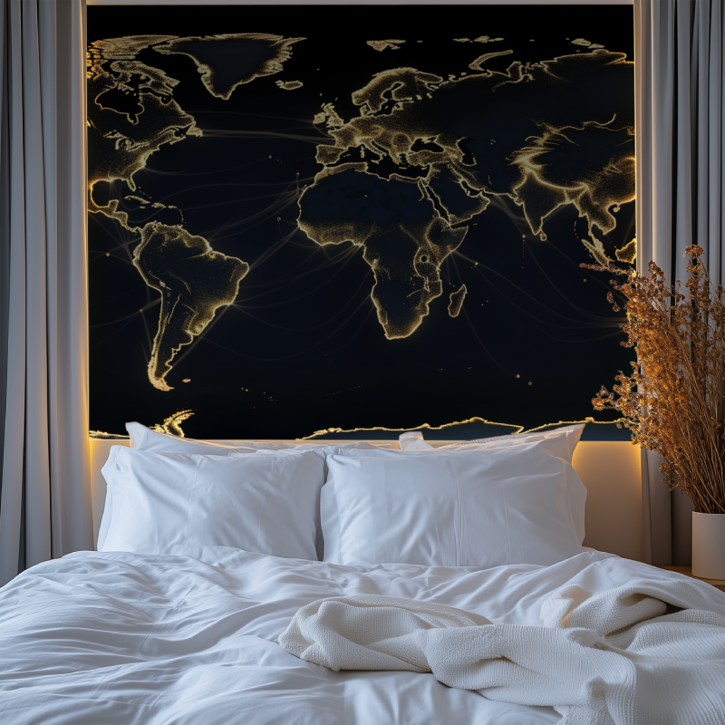 Papier peint carte du monde noir et dore chambre tendanc