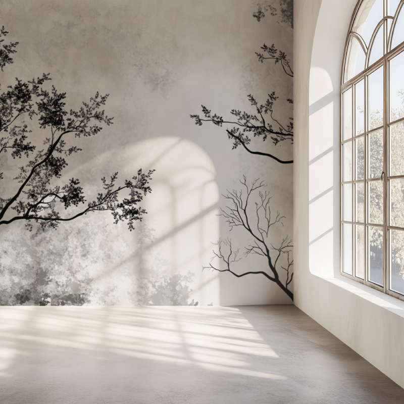 Papier peint arbre noir et blanc couloir mur simple