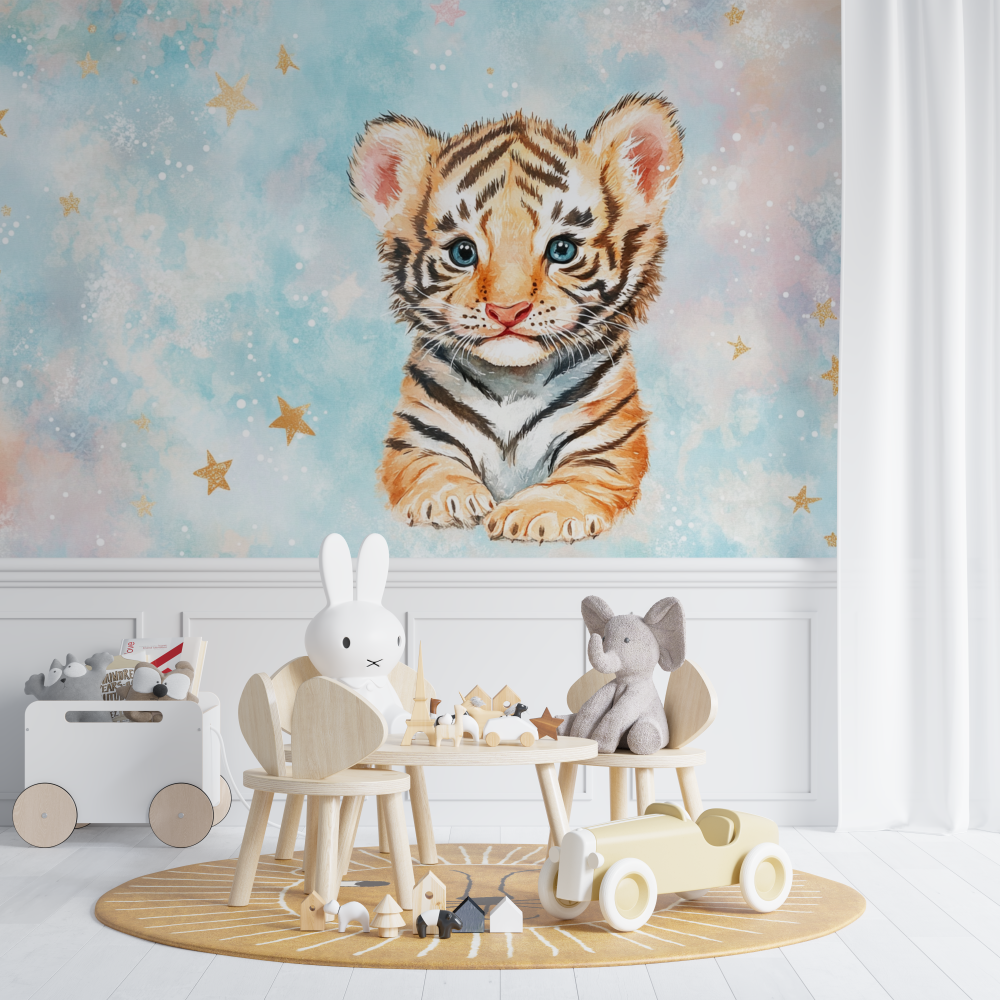 Papier peint tigre et etoiles chambre de bebe