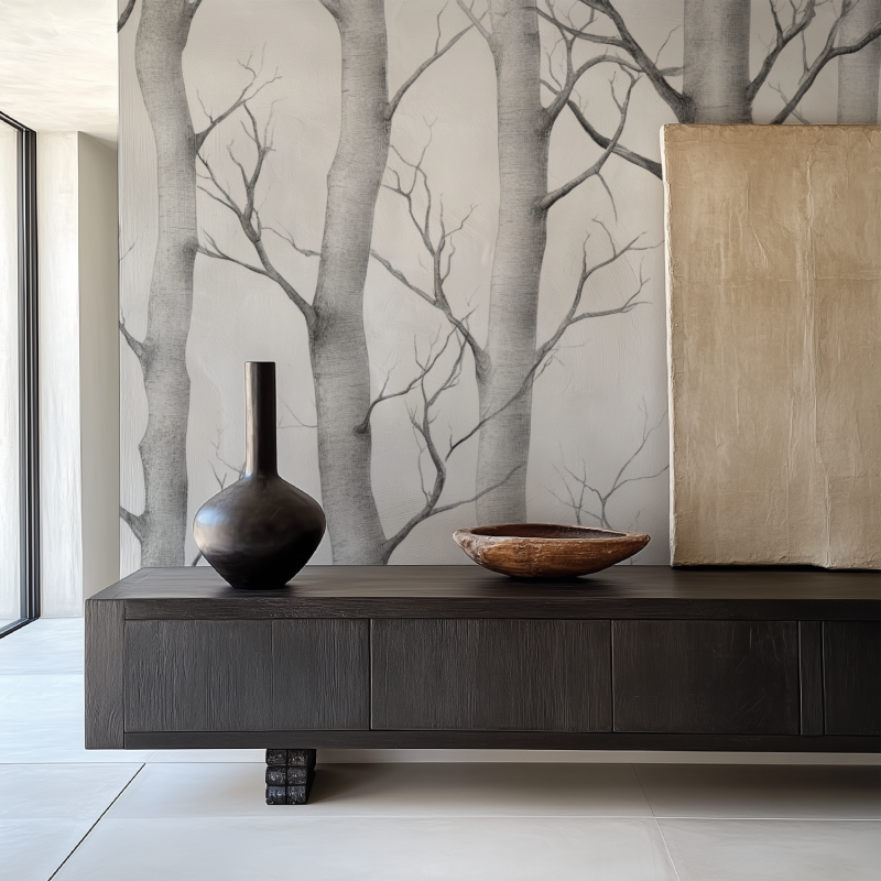 Papier peint arbre gris et blanc salle manger papier