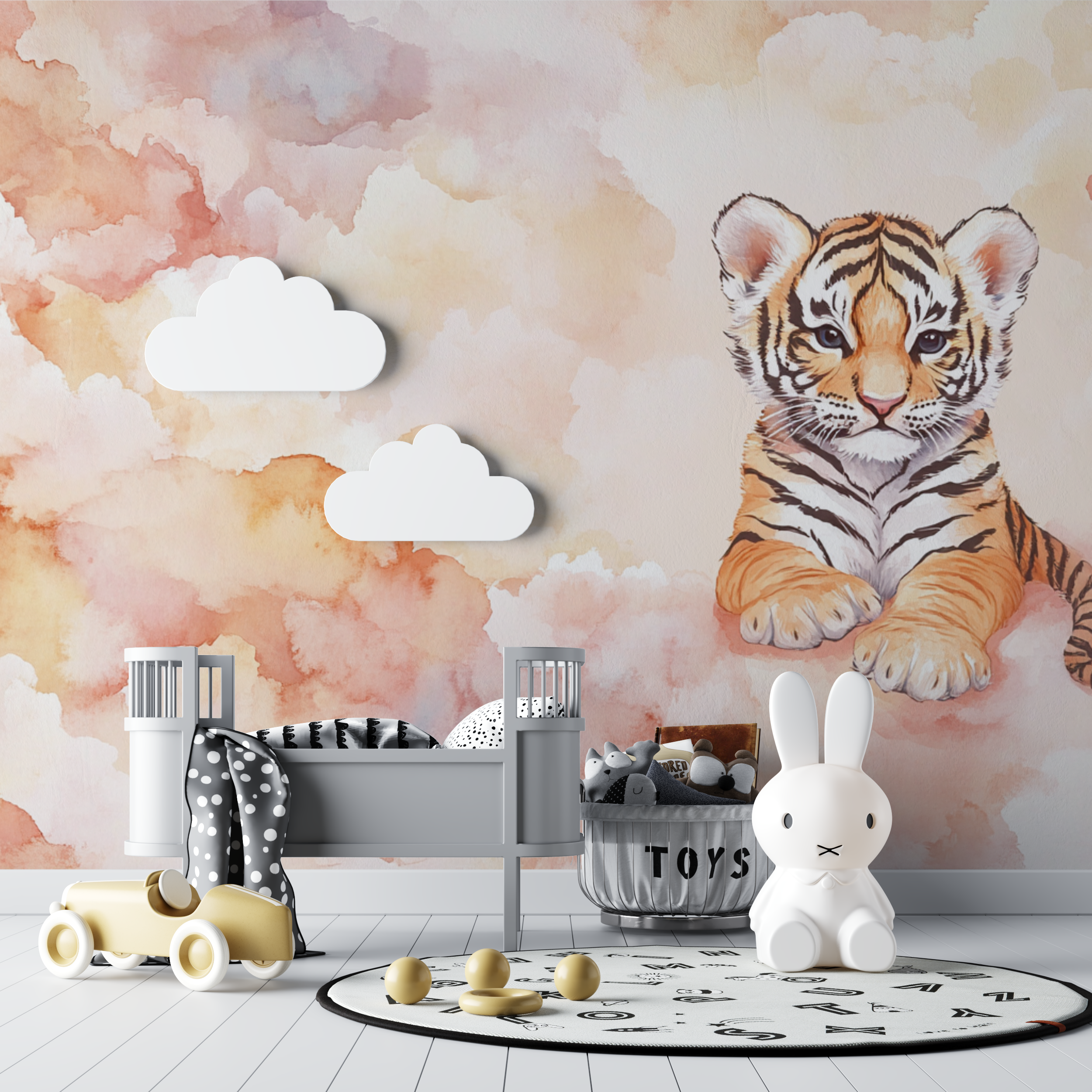 Papier peint tigre et nuages bebe tipi