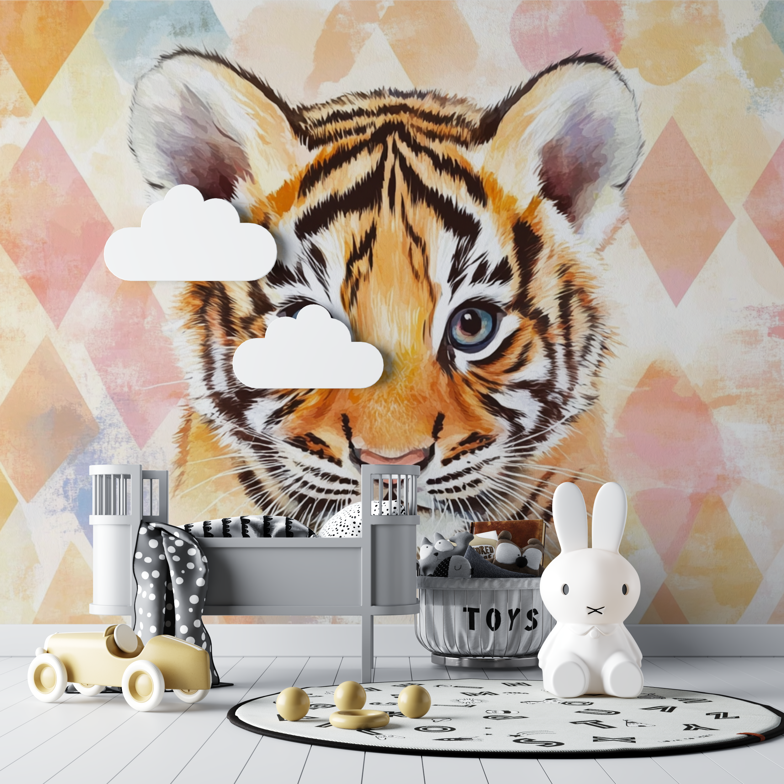 Papier peint tigre et motifs geometriques bebe tipi