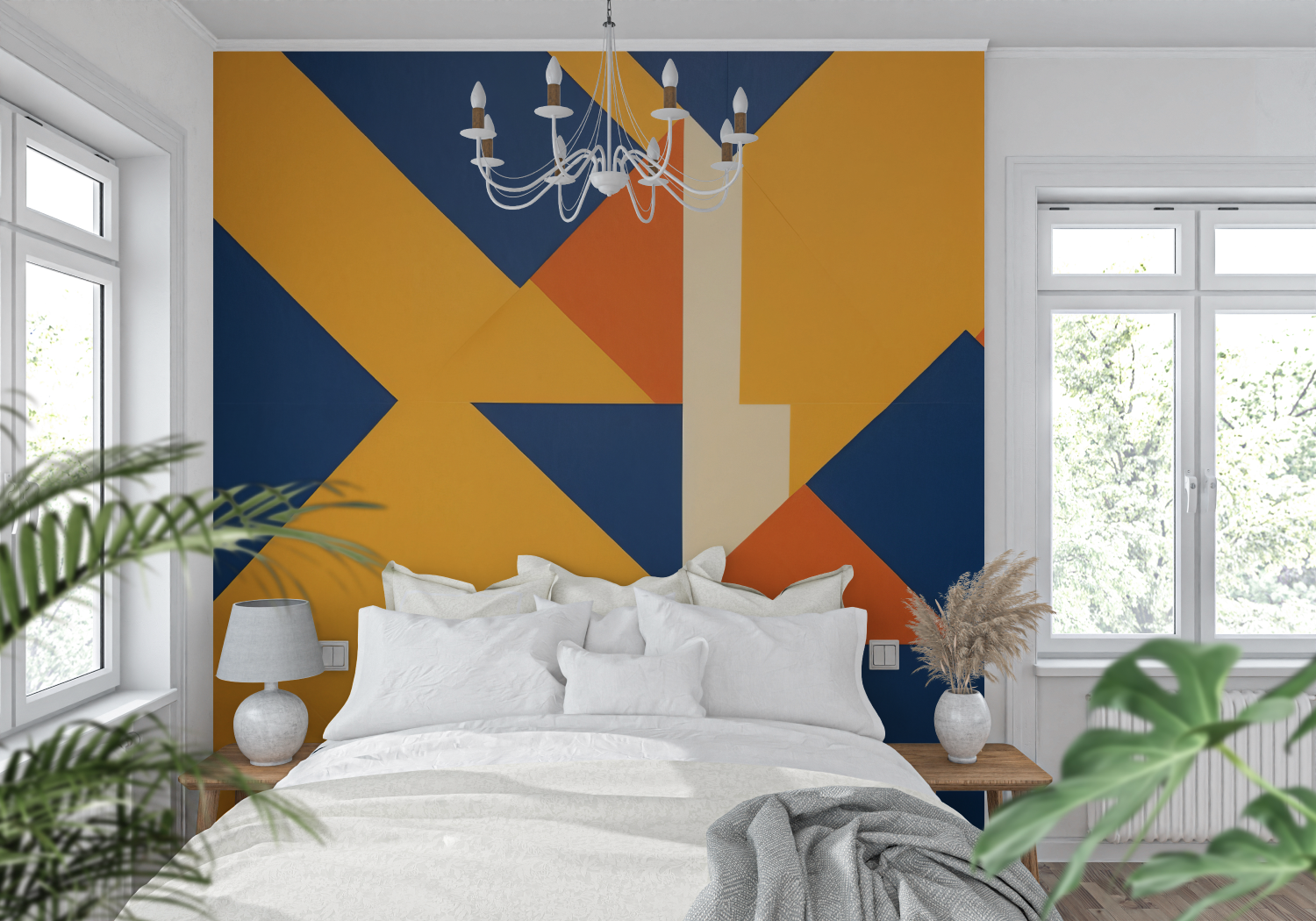 Papier Peint Orange Et Bleu Géométrique - tendance mur