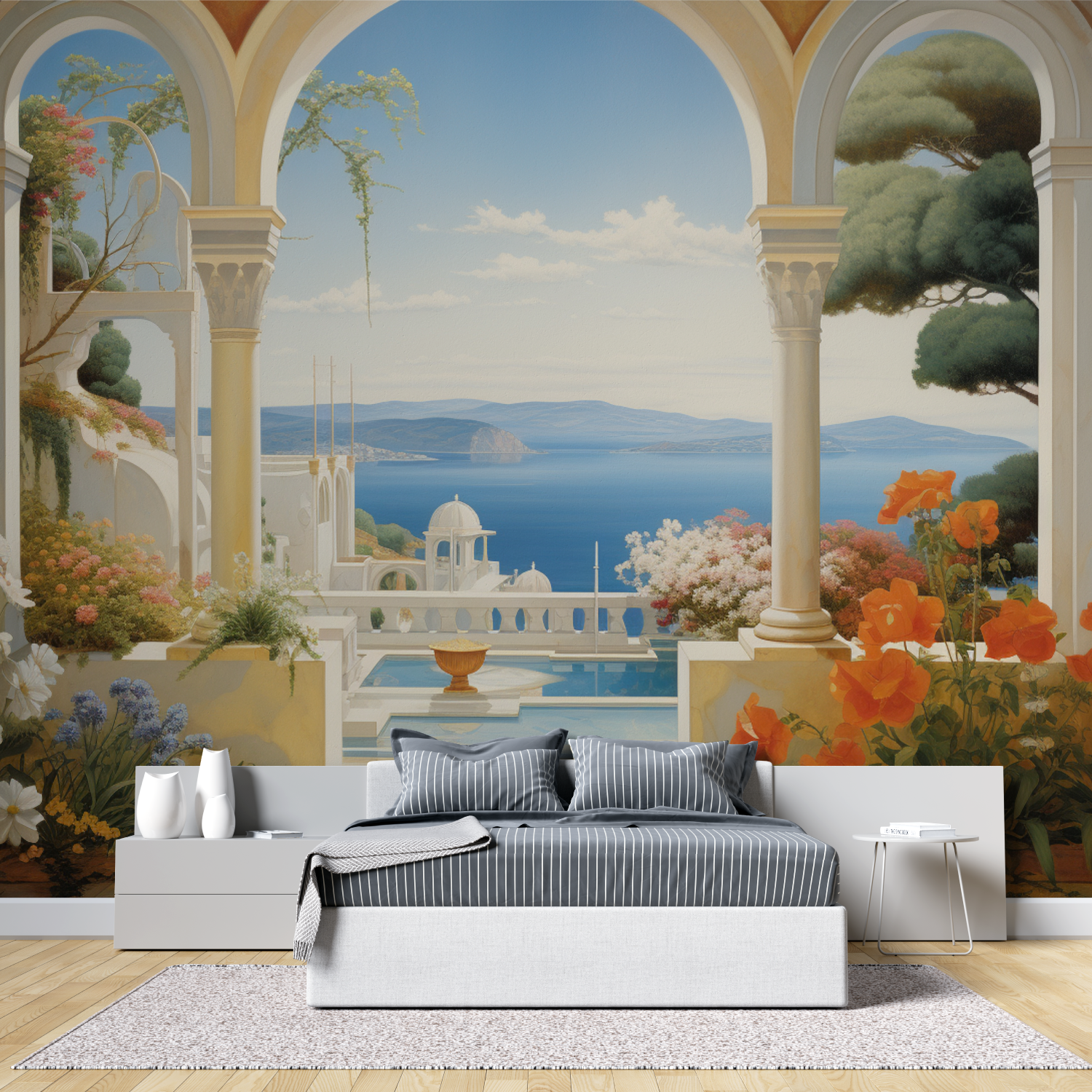 Papier peint aquarelle paysage mediterraneen tete de lit