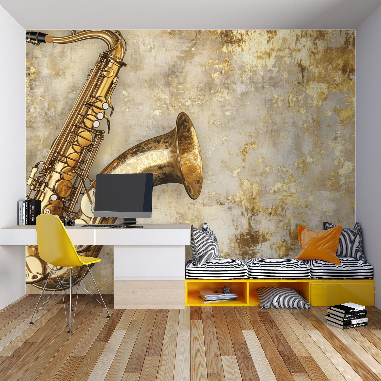 Papier peint jazz vintage chambre garcon lit